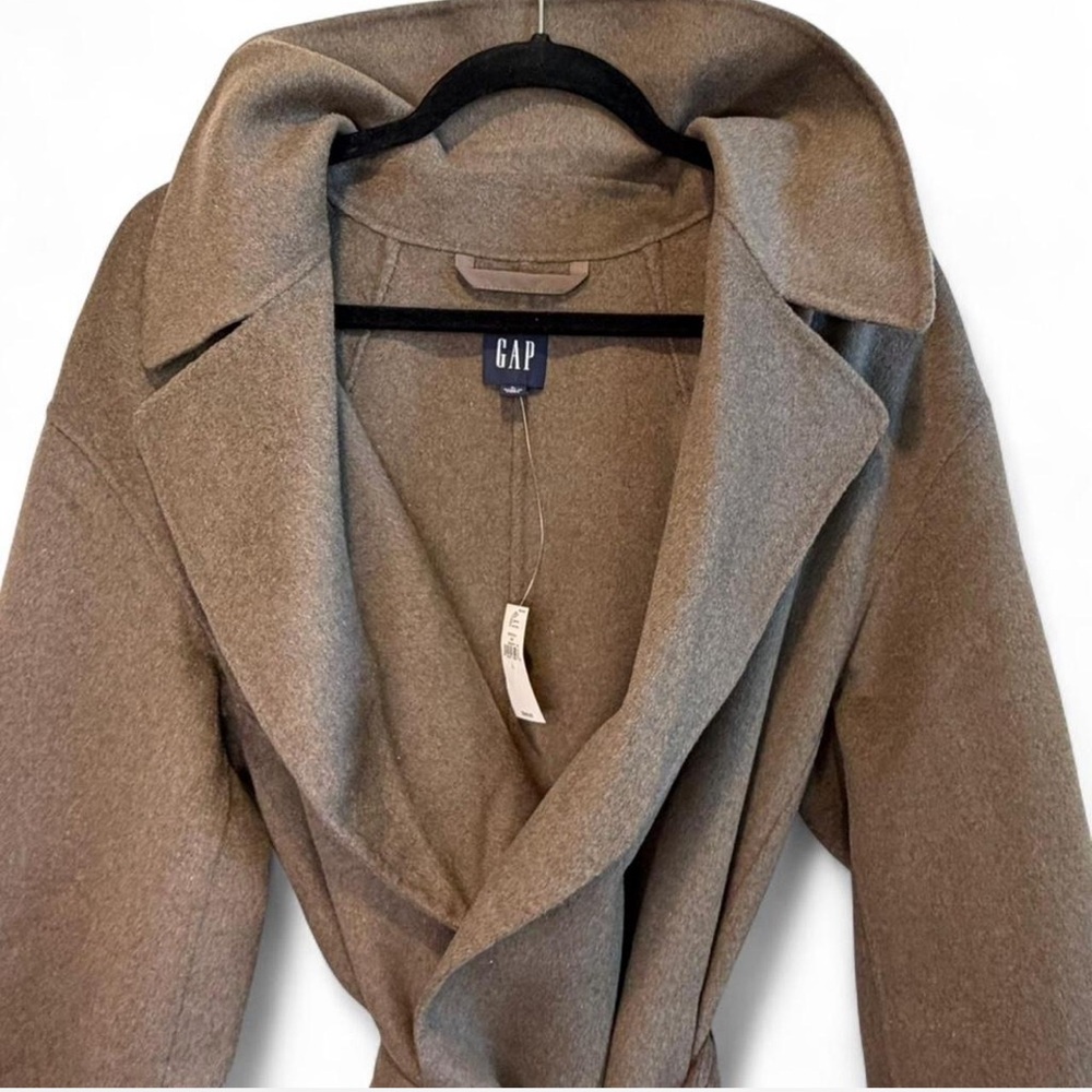 GAP Wool Blend Wrap Coat Large Taupe Belted Long NWT $248 - Picture 3 of 12